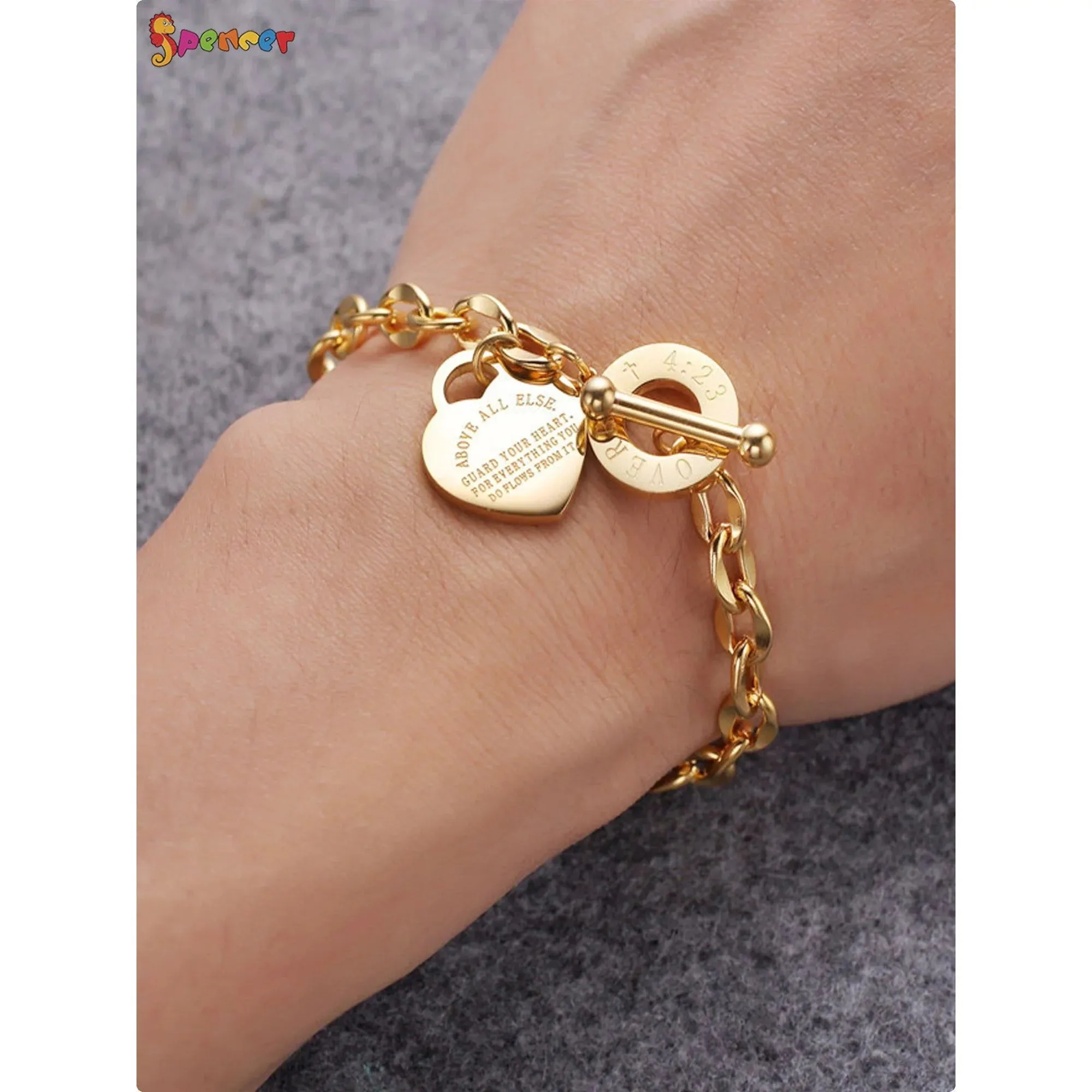 Spencer Stainless Steel Love Heart Charm Bracelet Link Chain Bangle Gift for Women Girl (Gold)