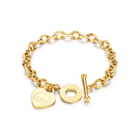 Spencer Stainless Steel Love Heart Charm Bracelet Link Chain Bangle Gift for Women Girl (Gold)