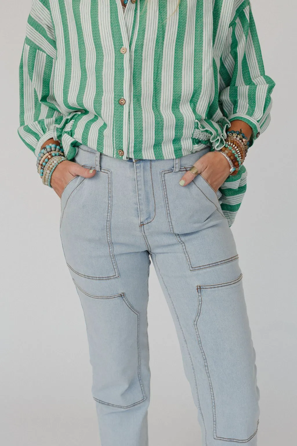 Straight Arrow Cargo Jeans - Light Wash