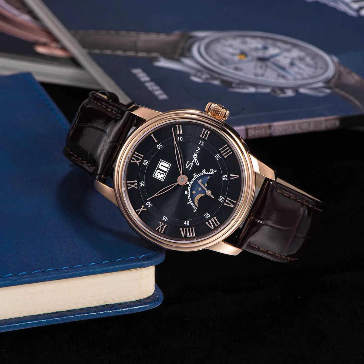 Sugess mechanical men's watch Seagull ST2528 automatic movement smiley face moon phase waterproof personalized customized automatic watch