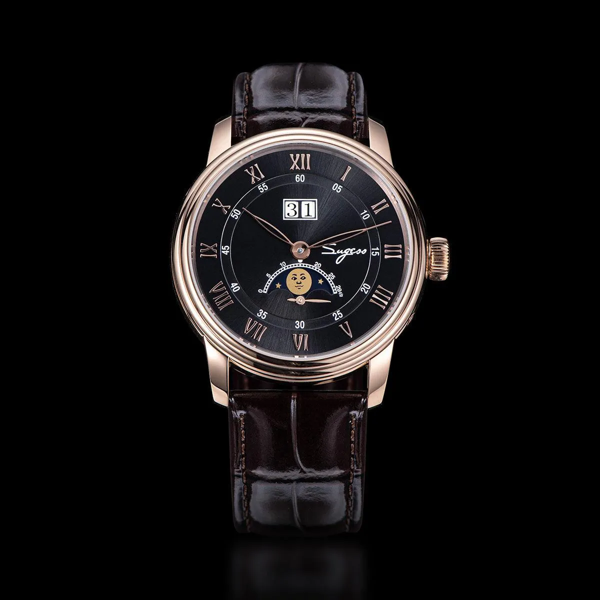 Sugess mechanical men's watch Seagull ST2528 automatic movement smiley face moon phase waterproof personalized customized automatic watch