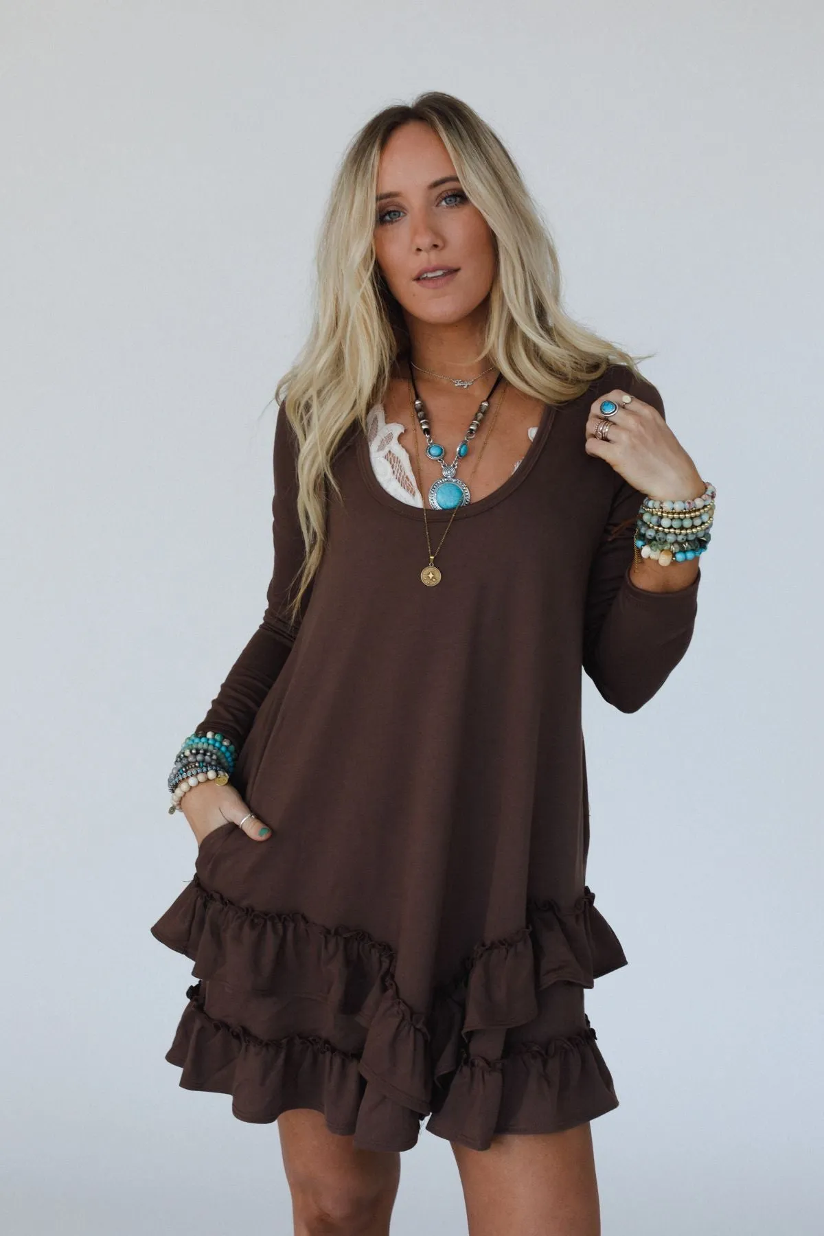 The Nest Constance Ruffle Hem Long Sleeve Dress - Khaki