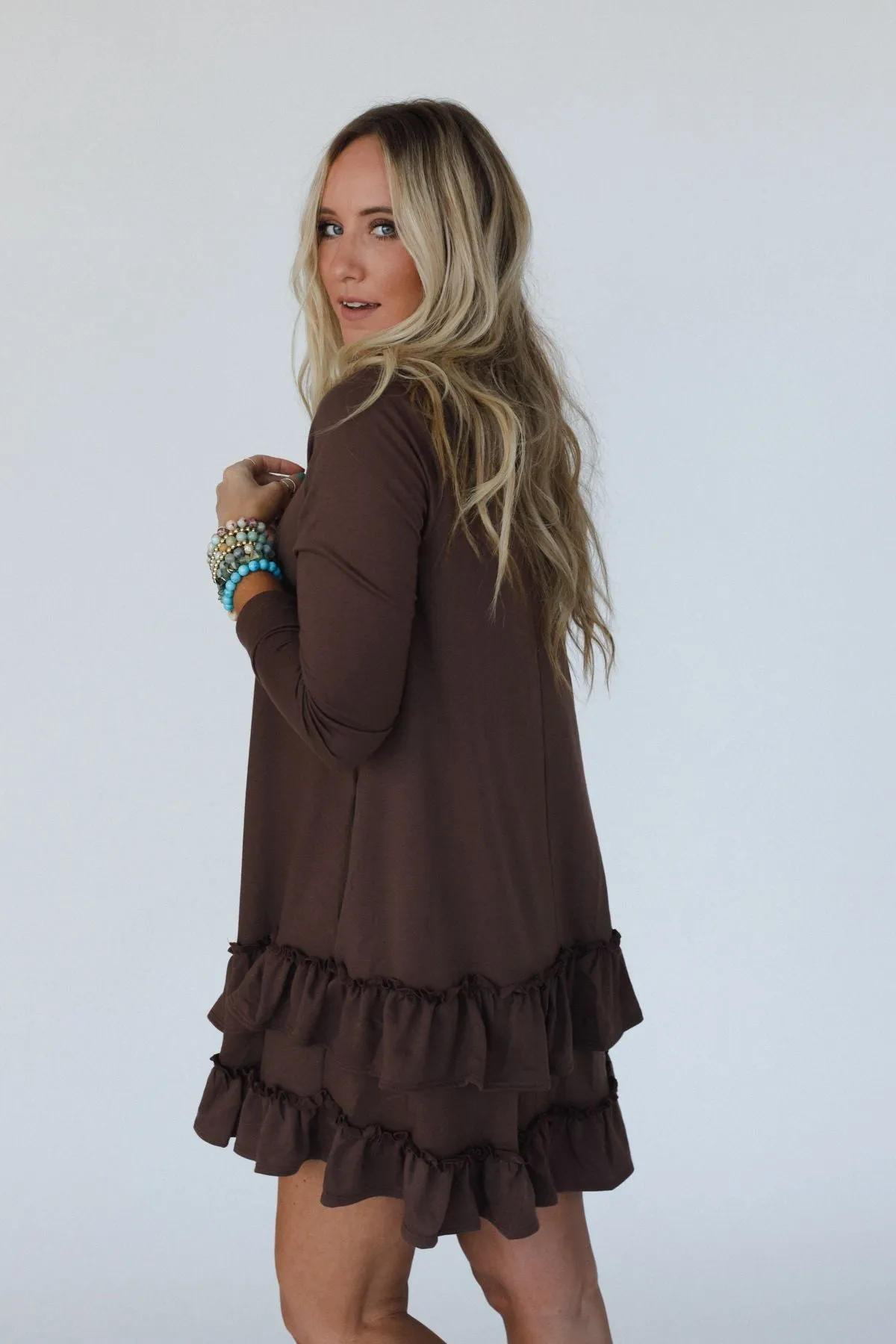The Nest Constance Ruffle Hem Long Sleeve Dress - Khaki