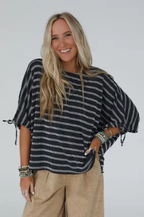 The Nest Little Lark Striped Puff Sleeve Tee - Charcoal