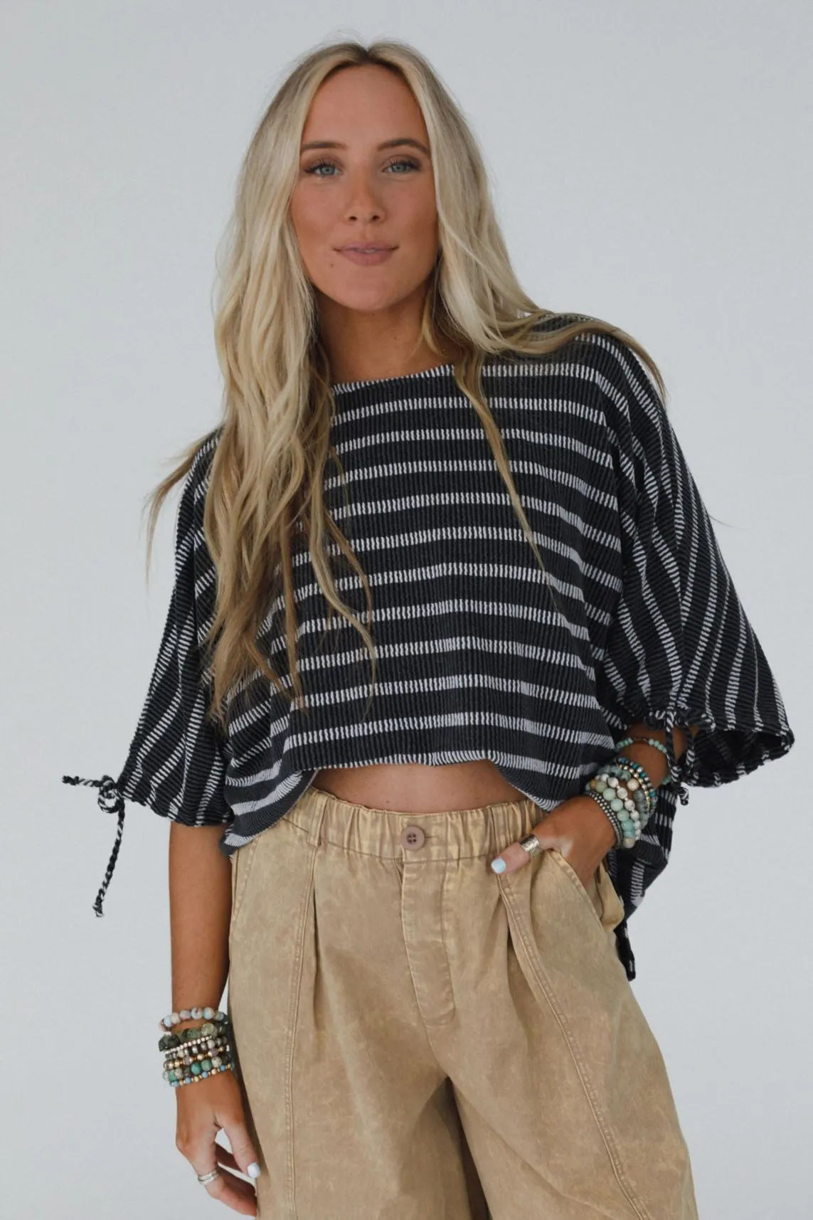 The Nest Little Lark Striped Puff Sleeve Tee - Charcoal