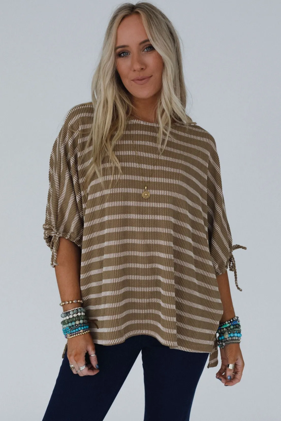 The Nest Little Lark Striped Puff Sleeve Tee - Khaki