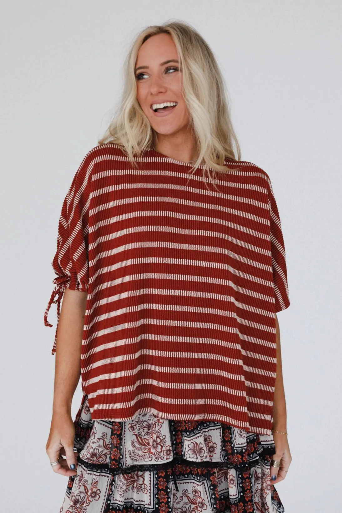 The Nest Little Lark Striped Puff Sleeve Tee - Rust