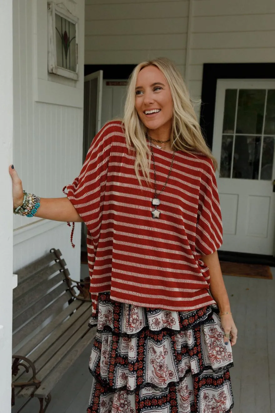 The Nest Little Lark Striped Puff Sleeve Tee - Rust