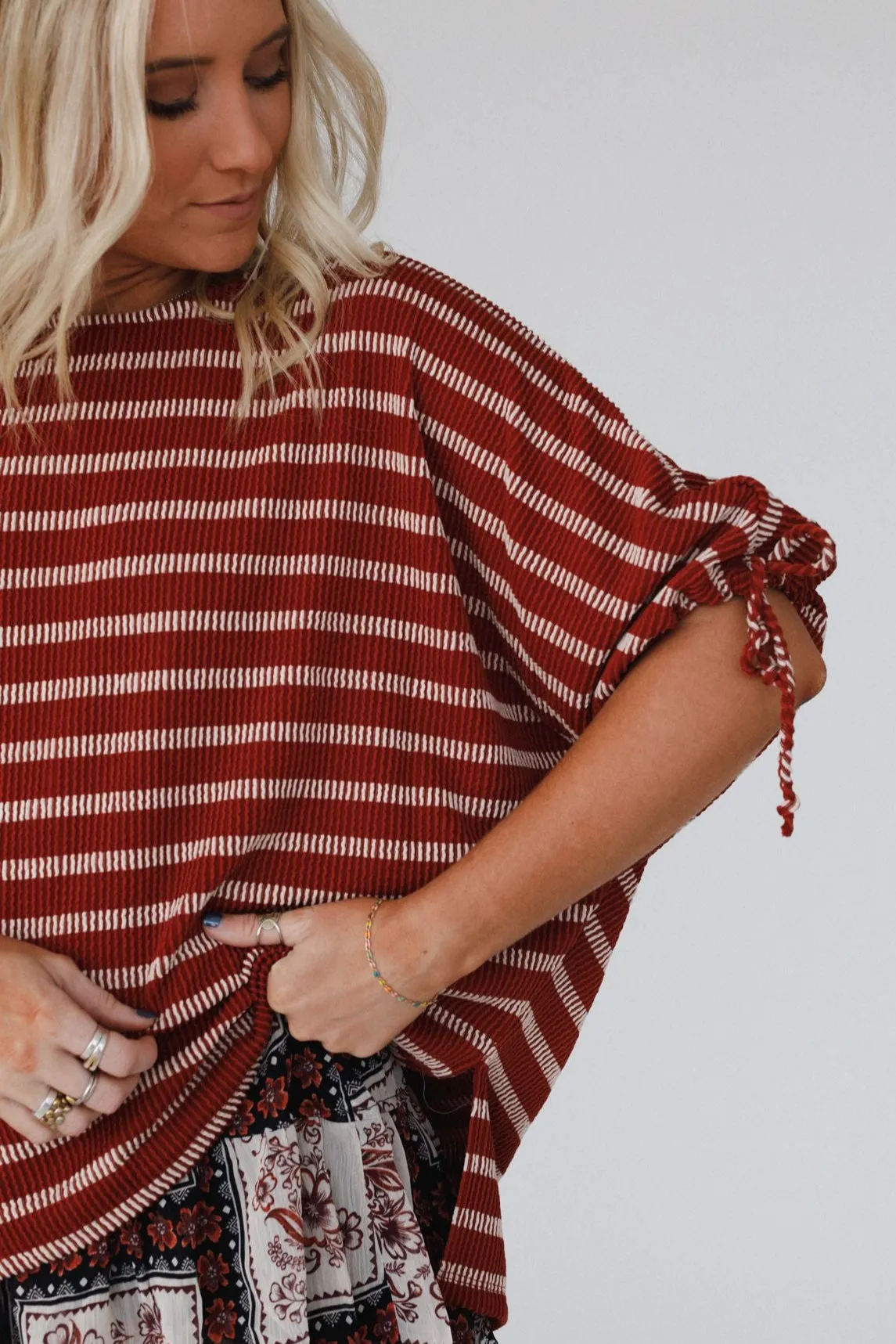 The Nest Little Lark Striped Puff Sleeve Tee - Rust